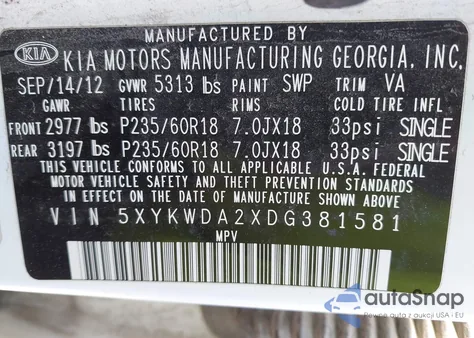 2013 Kia Sorento Sx V6 from USA, damaged, VIN 5XYKWDA2XDG381581